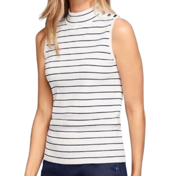 Talbots Sweaters - Talbots White Black Stripe Sleeveless Ribbed Mock Neck Sweater SP
